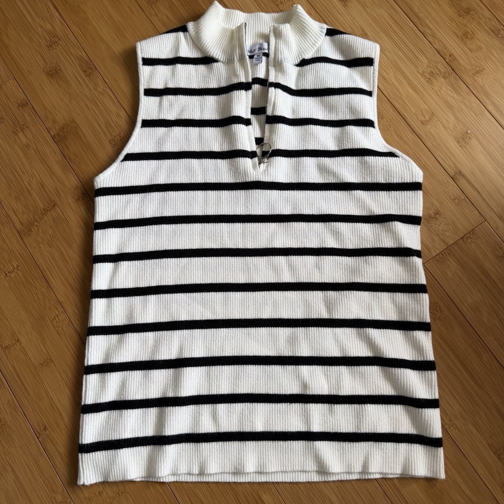 White Birch Sweater Vest 1X Black White Striped‎ Ribbed Mock Neck Zip Sleeveless